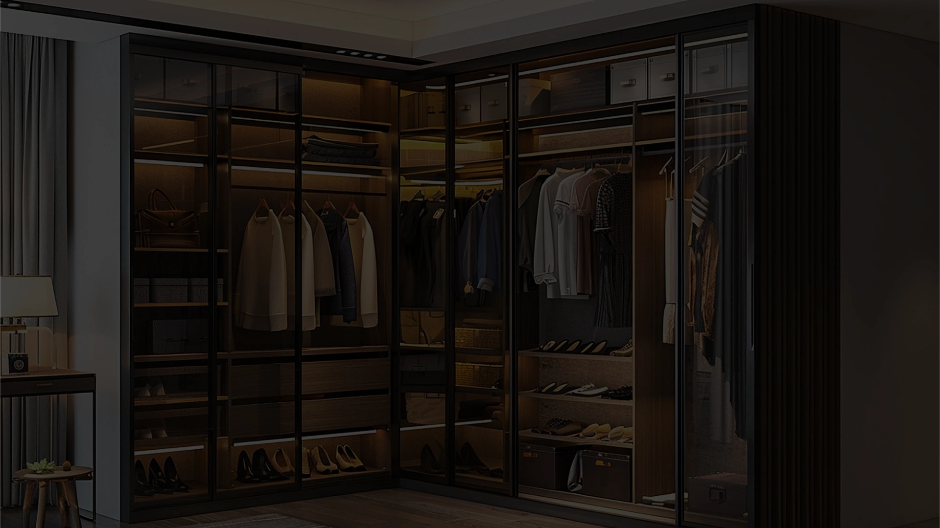 Spacious walk-in closet design featuring custom cabinets, shoe storage, and hanging sections