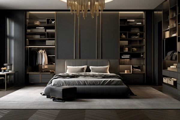 Luxury bedroom walk-in closet with custom cabinetry and ambient lighting