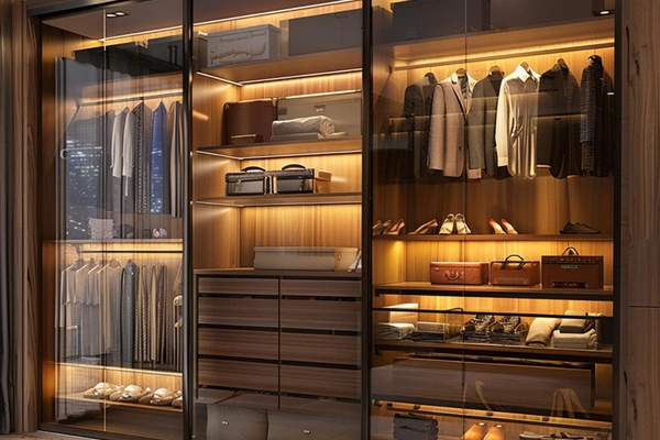 Custom reach-in wardrobe featuring glass doors and organized storage