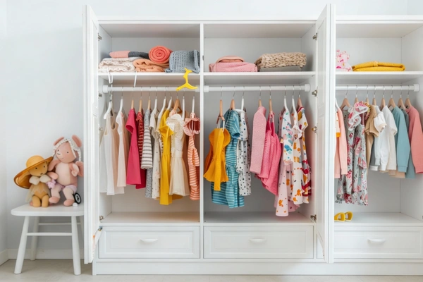 Bright kids closet with hanging space, shelves, and organized clothing storage