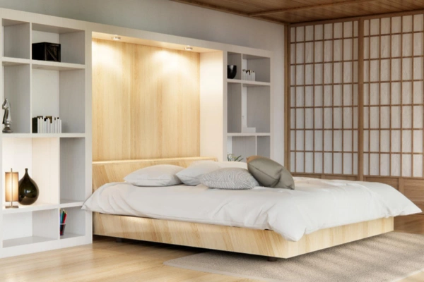 Space-saving Murphy bed with built-in shelving and integrated wall storage