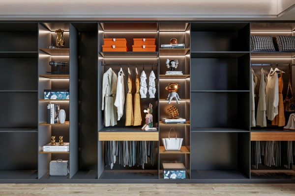 Custom reach-in closet system with shelves, drawers, and hanging sections