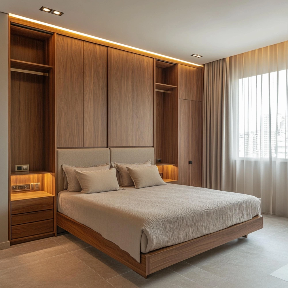 Built-in bedroom closet system with wood finishes and concealed storage