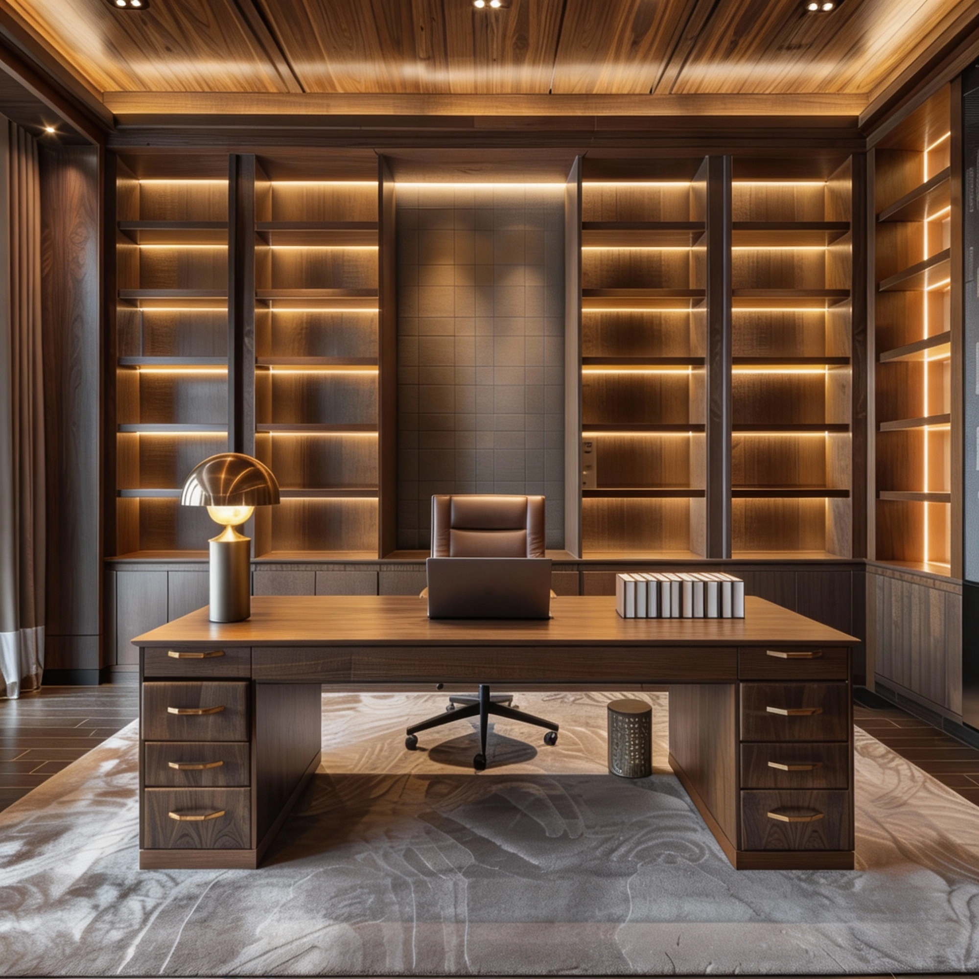 Custom home office featuring wood cabinetry, desk, and integrated shelving
