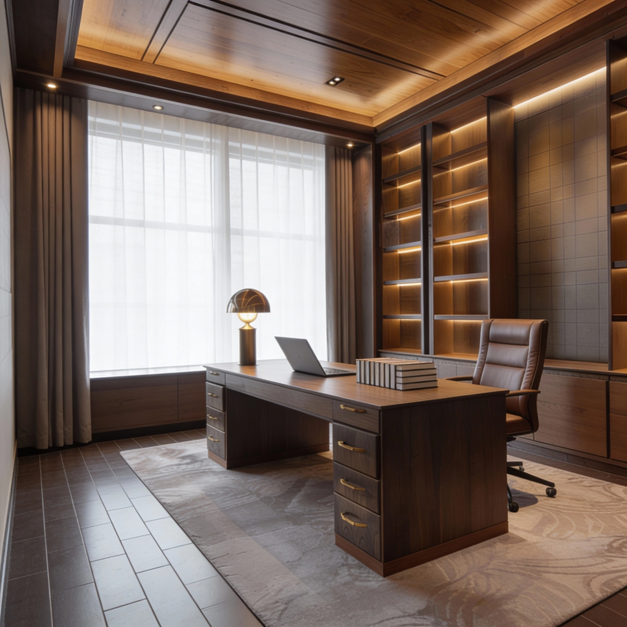 Executive home office design with built-in shelves, desk, and warm lighting