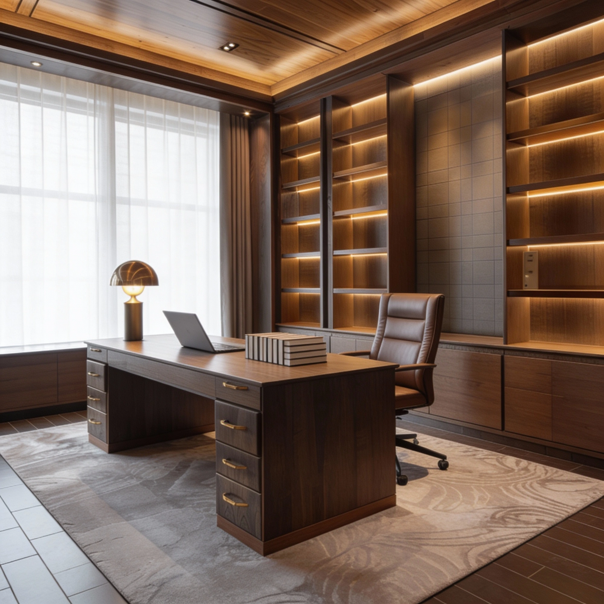 Luxury home office workspace with custom cabinetry, desk, and storage shelves