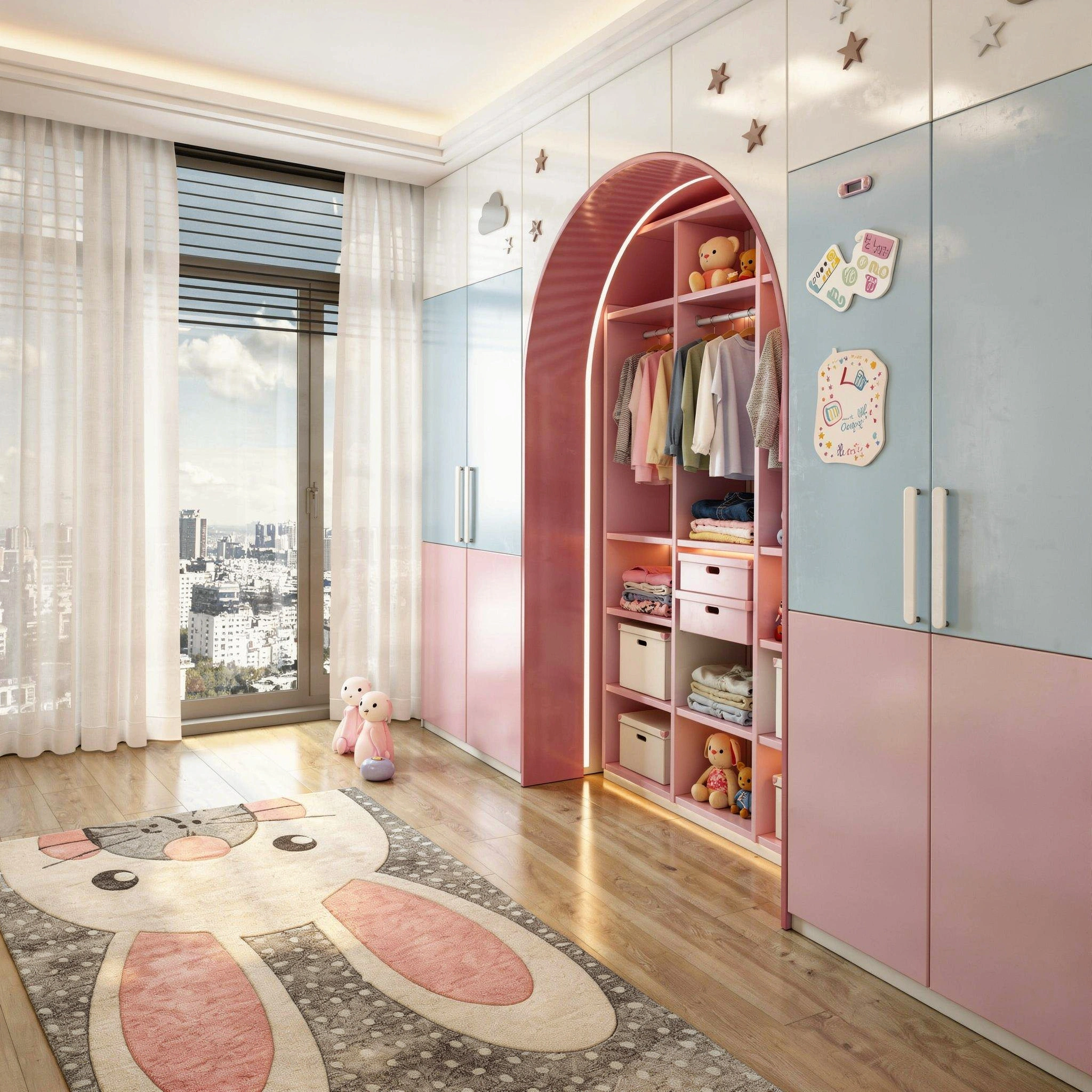 Children’s closet with arched shelving, hanging space, and toy storage compartments