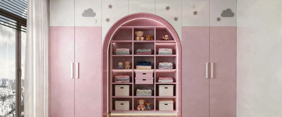Kids closet with pastel cabinets, open shelving, and organized clothing storage
