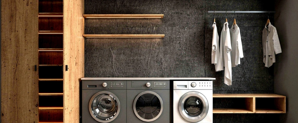 Custom laundry room with stacked washer dryer and built-in wood cabinets