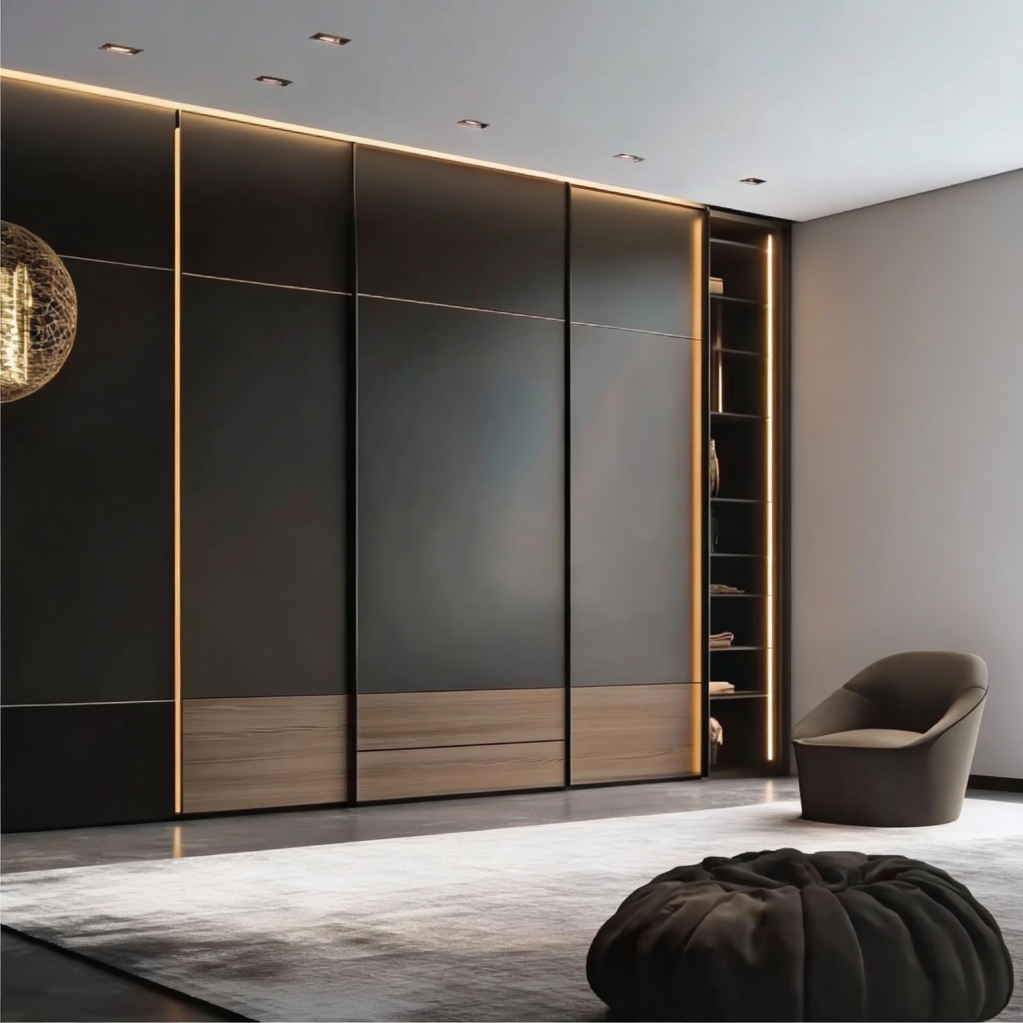 Custom reach-in wardrobe with glass doors and organized interior storage