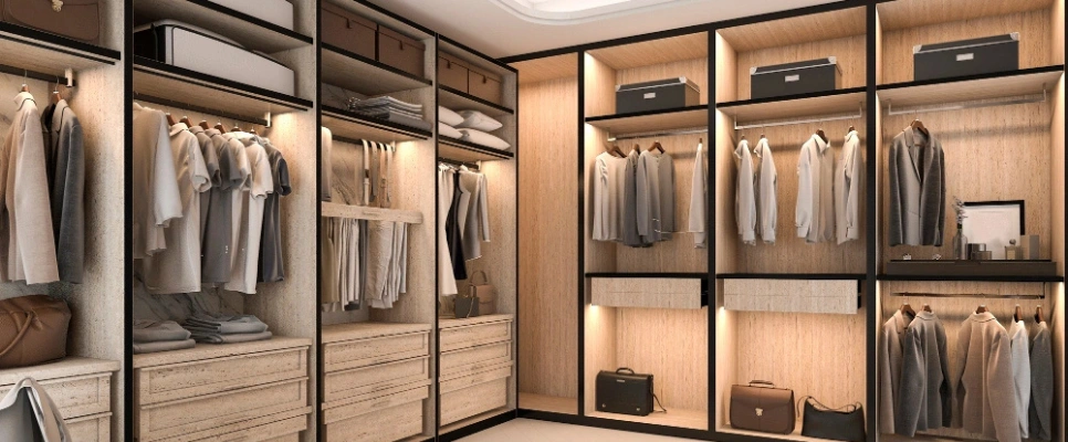 Custom walk-in closet design with organized storage and premium finishes