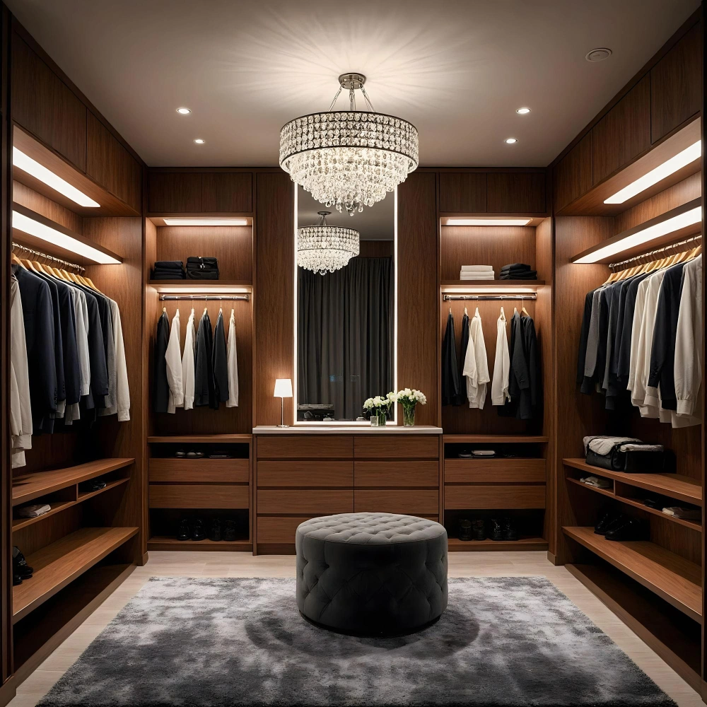 Luxury walk-in closet with custom wood cabinetry and integrated lighting