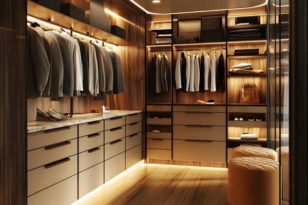 Spacious walk-in closet with tailored cabinetry and dedicated storage zones